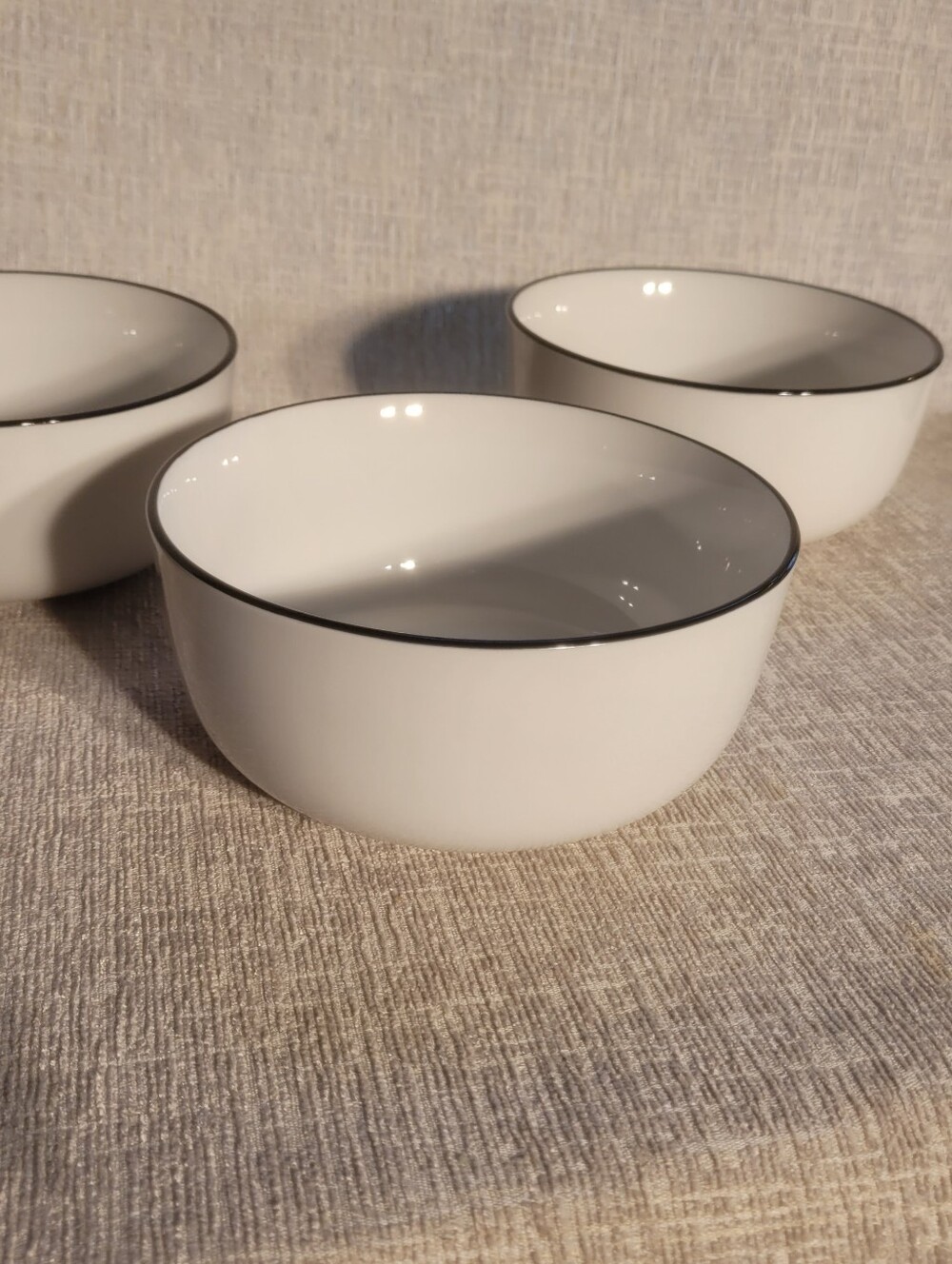 Sur La Table White Ceramic Bowls with Black Trim - Set of 3. Excellent